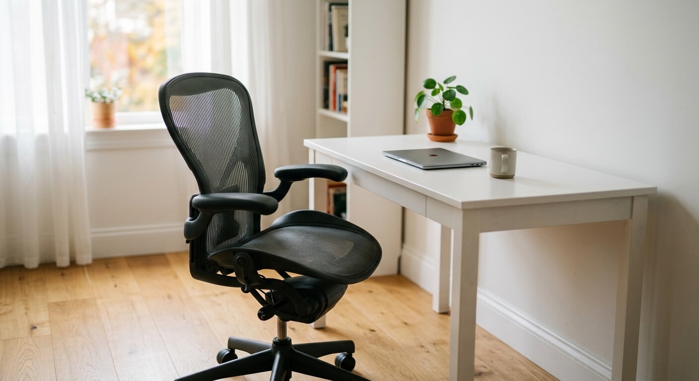 A clean ergonomic office chair with breathable mesh back beside a white desk in natural daylight
