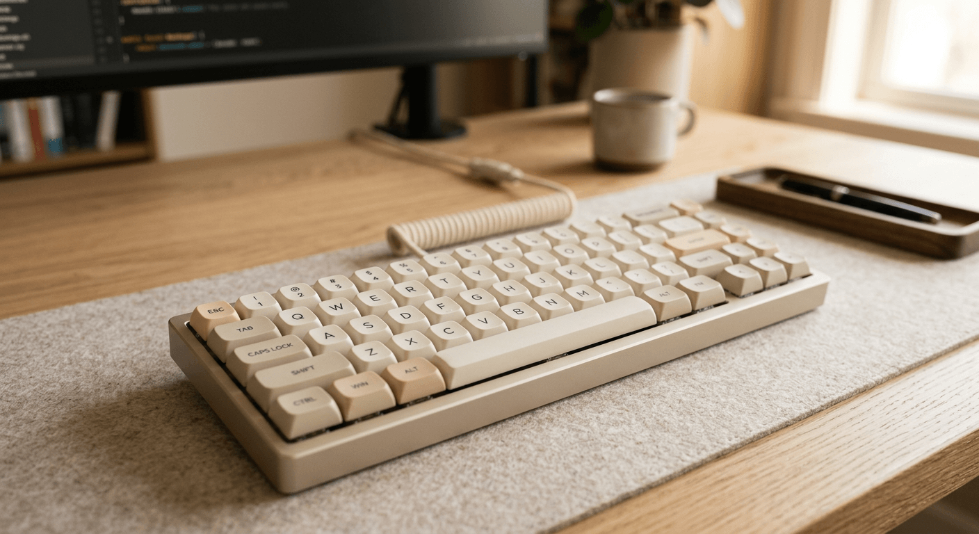 A mechanical keyboard with rounded keycaps on a light wooden desk in soft natural daylight